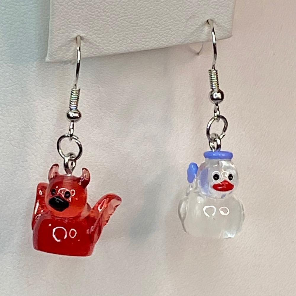 Angel Devil Duck Earrings Womens Good vs Evil Mismatched Red Whimsical‎ Fun New